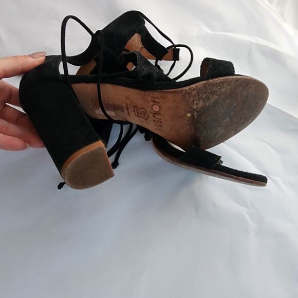 Anthropologie Howsty Mimosa Lasercut Suede Heels39 Black All Leather Wrap Ankle - Picture 7 of 10